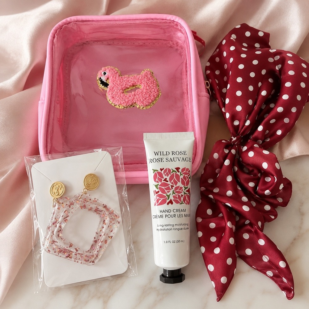 Taylor Shaye Earrings Pink Flamingo Self Care Gift Set Cosmetic Bag